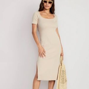 Old Navy Fitted Rib-Knit Scoop-Neck Midi Dress Short Sleeve Desert